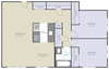 Two bedroom, one bathroom two dimensional floor plan.